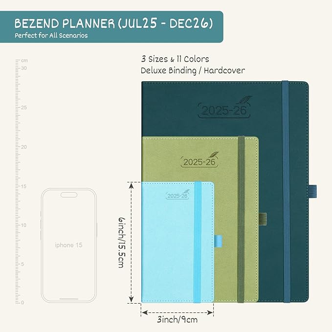 BEZEND Pocket Planner 2025-2026 Weekly and Monthly, 3.5" x 6" Academic Planner (Jul 25-Dec 26) 18-Month Mid-Year Calendar Book, Storage Pocket, Pen Holder, PU Leather Hardcover - Dark Green
