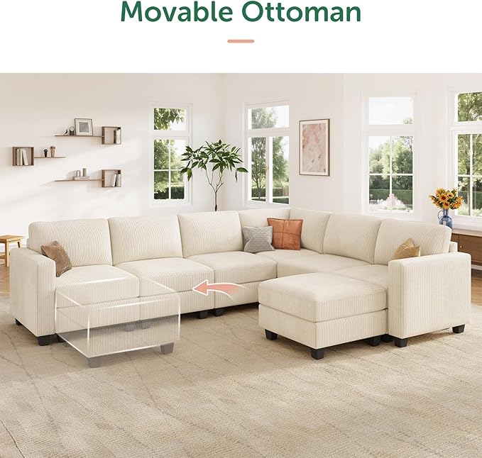HONBAY U-Shaped Corduroy Sectional Couch with 6 Seaters Modular Sectional Sofa with Storage Ottoman Sectional Couches for Living Room, Beige