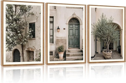 HPNIUB Large Vintage Italy City Landscape Framed Canvas Wall Art Set, Olive Green Tree Country Wall Decor, Modern Minimalist Countryside Villages Picture for Living Room,Bedroom,Office-16 x24 x3