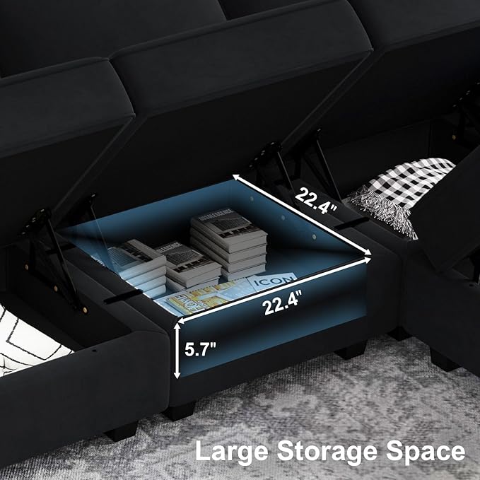 Belffin Modular Velvet Sectional Sofa with Chaise Lounge Sectional Sleeper Sofa with Storage Chaise Sofas Bed Couch for Living Room Black