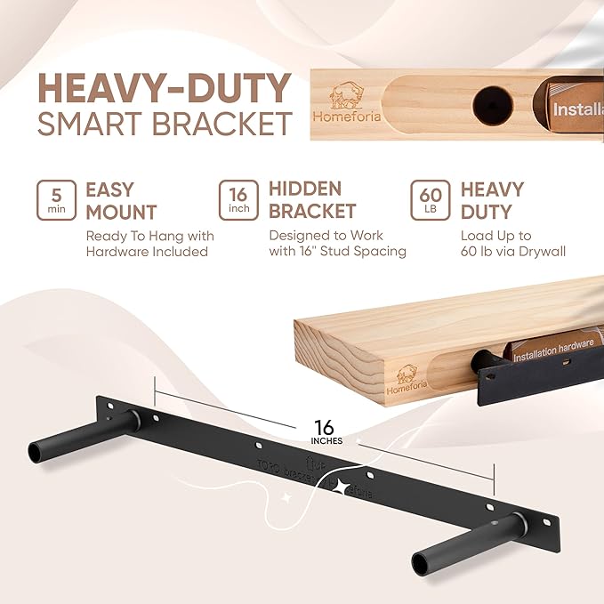 Homeforia Oak Floating Shelves 36 inches Long, High End Solid Real Wood 36 inch Floating Shelf for Room Wall, Honey Oak Wooden 36inch Kitchen Shelves, Heavy Duty Bracket, 36 X 6.5 X 1.75 in, Set of 2