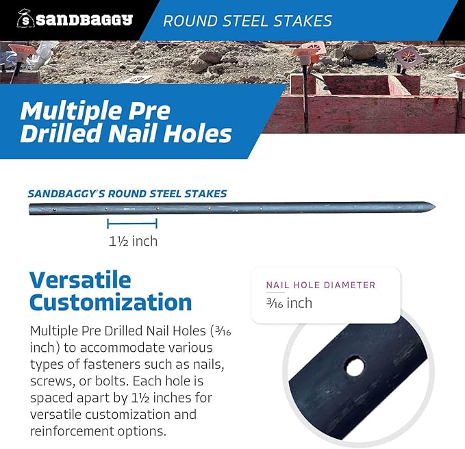 Sandbaggy Round Steel Concrete Form Stakes with Nail Holes - Rust Resistant Coating - Removable, Reusable (5, 3/4 in X 24 in)