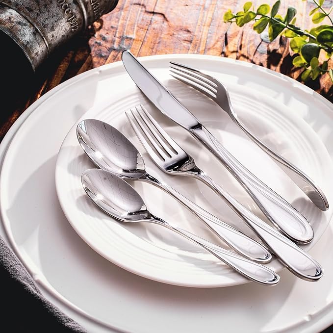 HIKAA Wave Design Silverware Set Service for 2, 10-Piece Artistic Stainless Steel Flatware Set with Fibonacci Pattern, Heavy Duty Mirror Polished Cutlery Set