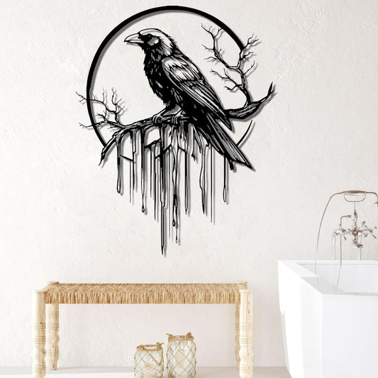 Crow Metal Wall Decor, Raven Wall Art, Large Gothic Raven Decor Hangings, Bird Wall Decor, Metal Tree Branch Decor, Ravens Sign, Raven Art for Living Room (Black, 39"x31" | 100x80cm, metal wall art)