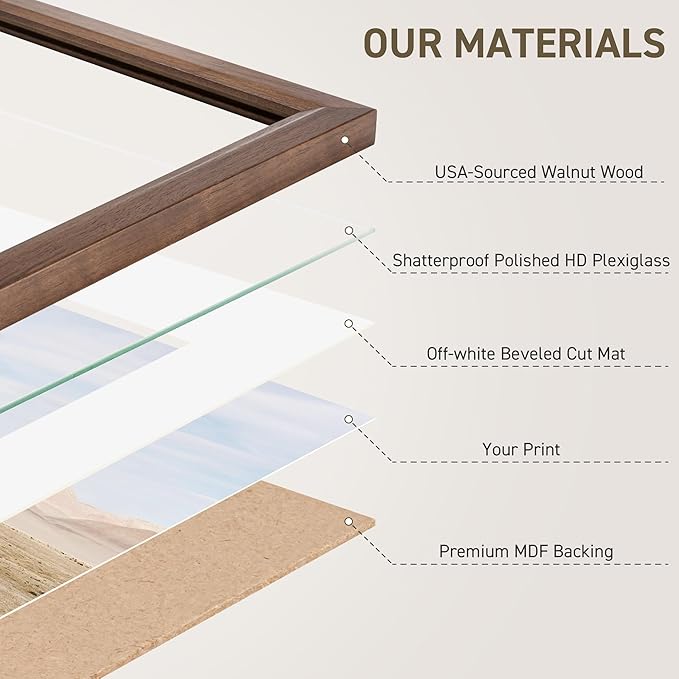 12x16 Picture Frame Set of 4 Natural Solid Walnut Photo Frames with 8.5x11 Removable Mat Wall Hanging Large Handcrafted Frame with HD Plexiglass Wall and Tabletop Display Large Poster Frame