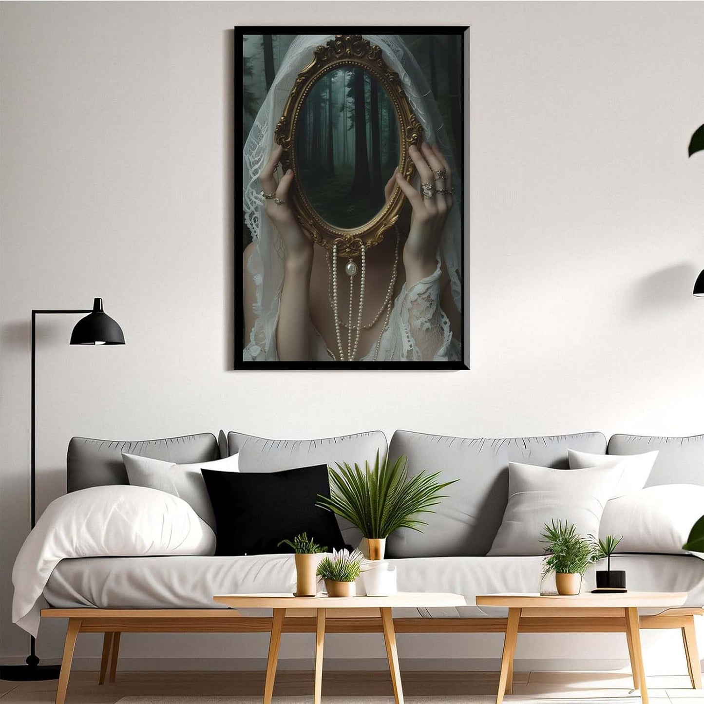Mirror face covering dark art poster print melancholy gothic painting vintage feminine print victorian style decoration antique art24x36in Metal blackFramed