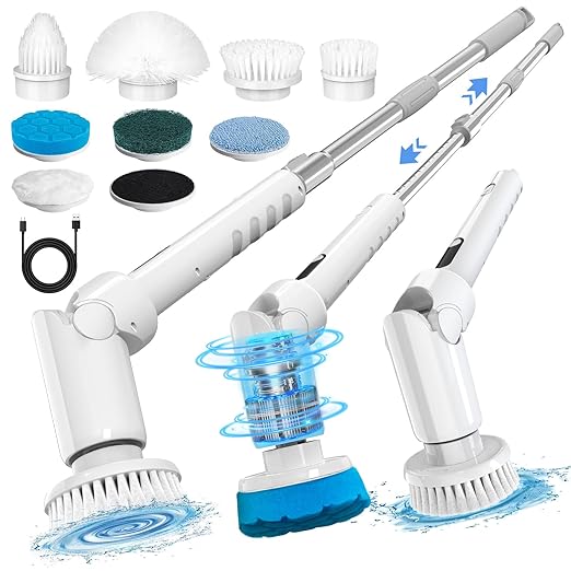Electric Spin Scrubber - Cordless Cleaning Brush with Digital Display, 2 Speeds, 8 Brush Heads, IPX7 Waterproof, Adjustable Long Handle for Bathroom, Tub, Tile, Shower, and Car（Grey）