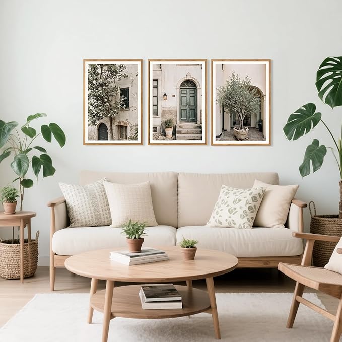 HPNIUB Large Vintage Italy City Landscape Framed Canvas Wall Art Set, Olive Green Tree Country Wall Decor, Modern Minimalist Countryside Villages Picture for Living Room,Bedroom,Office-16 x24 x3