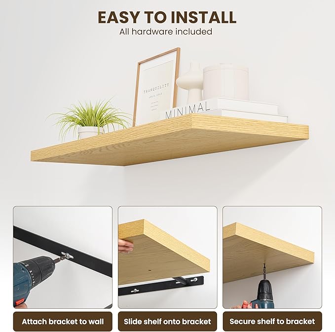 36" Floating Shelves for Wall, 12" Deep Slim Oak Floating Shelves, Wall-Mounted Shelves for Bedroom, Living Room, Kitchen, Bathroom - Set of 2