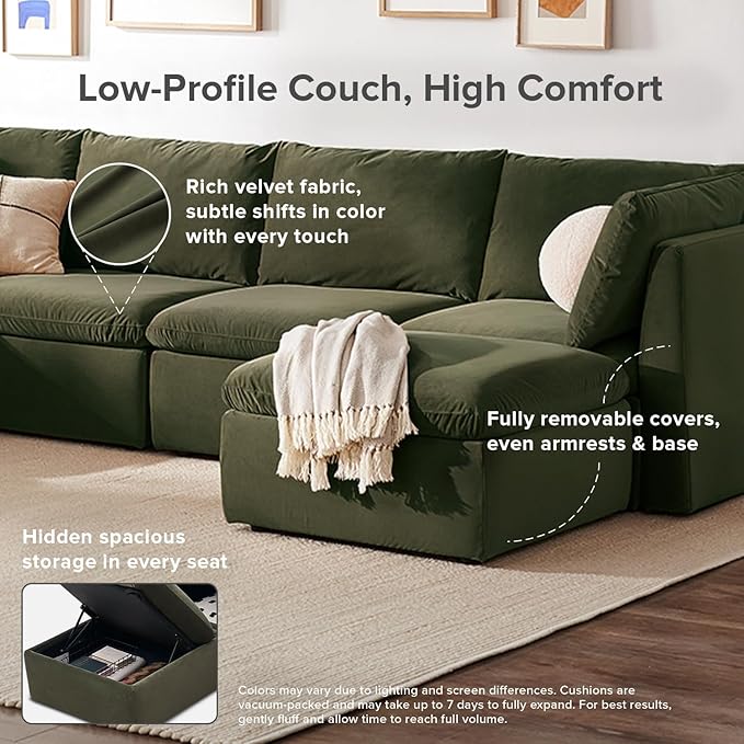 mopio Oversized Modular Sectional Sofa with Fully Removable Covers and Storage, Convertible U, L-Shaped and Sleeper Sectional, Modern Couches with Ottoman Chaise (Olive Green Velvet, 7 Seats, U)