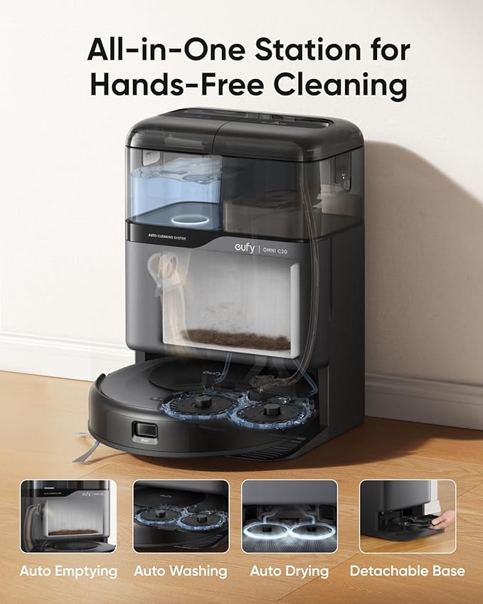 eufy Robot Vacuum Omni C20, Robot Vacuum and Mop Combo, Self Emptying, Auto Mop Washing and Auto Drying for Hands-Free Cleaning, 7000 Pa Powerful Suction, 3.35-Inch Design, All-in-One Station