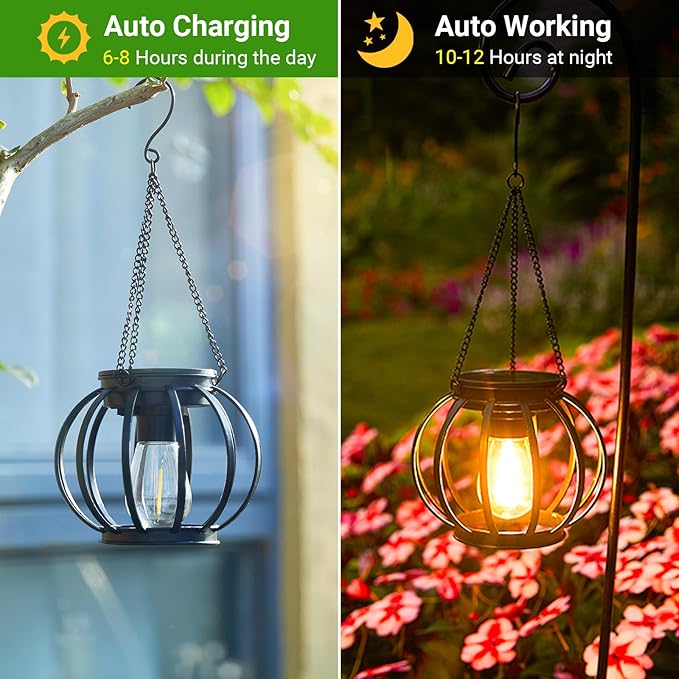 KOOPER Solar Lanterns Outdoor Waterproof, 4 Pack Upgraded Metal Hanging Solar Lights Outdoor Lanterns, Brighter Auto On/Off Outdoor Hanging Lantern for Yard Patio Pathway Porch Garden Decor