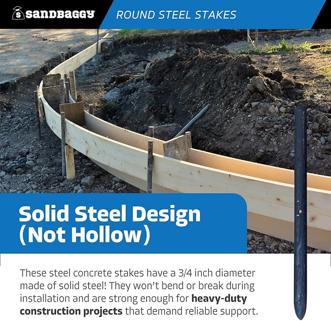 Sandbaggy Round Steel Concrete Form Stakes with Nail Holes - Rust Resistant Coating - Removable, Reusable (10, 3/4 in X 12 in)