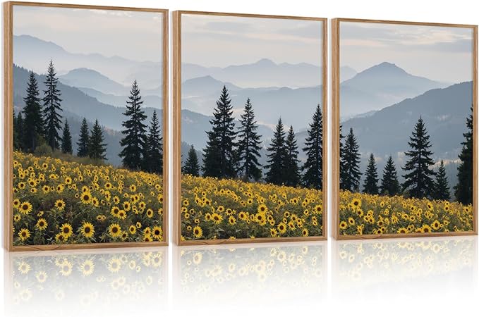 HPINUB Boho Sunflowers Landscape Framed Canvas Wall Art Set,Nature Pine Tree Wall Decor,Abstract Flowers Artwork Rustic Mountain Misty Forest Art Print for Living Room,Bedroom,Office-16 x24 x3