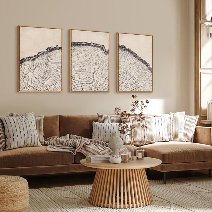 HPINUB Vintage Wood Tree Rings Wall Art Set, Framed Canvas Paintings, Black and White Nature-Inspired Decorative for Modern Home Decor for Living Room, Bedroom, Dining Room, Office- 16"x24"x3