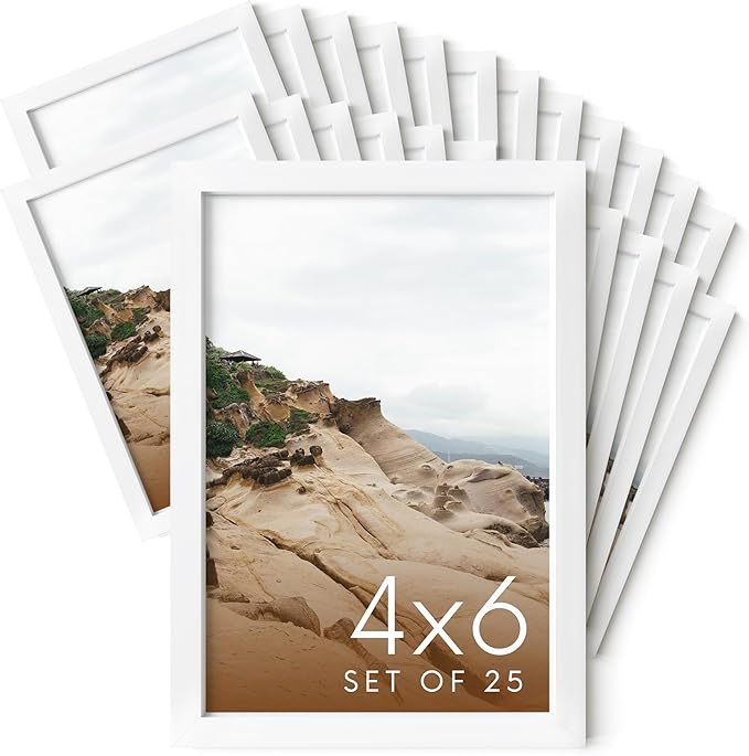 HAUS AND HUES 4x6 White Metal Picture Frames - Bulk Frames 4X6 - Features Premium Aluminum, Vertical Hanging, Easel Back for Tabletop, Home, Office (4x6 in, White, Set of 25)