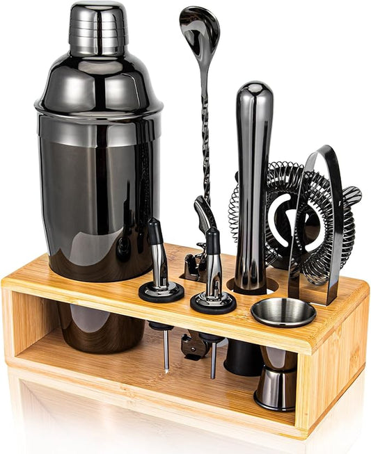 Cocktail Shaker Set, Mixology Bartender Kit 10-Piece Bar Tool Set with Stylish Bamboo Stand, Bar kit: Matini Shaker Mixing Spoon Muddler Jigger Cocksrew for Barware Set | Black