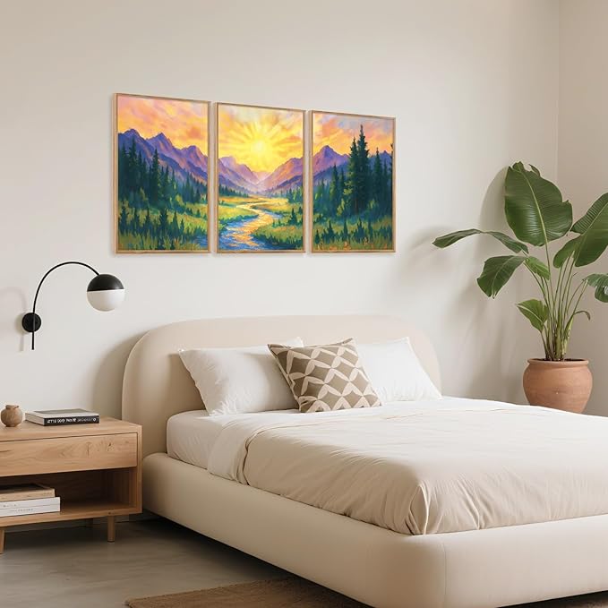 HPNIUB Vintage Mountain Framed Canvas Wall Art Set, Boho Sunrise Art Prints, Forest Nature Wilderness Art Paintings, Modern Farmhouse Pine Tree Wall Decor for Living Room Bedroom, Office- 16"x24"x3