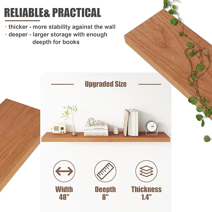 Floating Shelves for Wall, USA-Sourced Cherry Wood 48 Inch Long Wall Shelves, Natural Wooden Wall Mounted Picture Ledge Shelf, Nursery Book Storage Shelf Kids Bookshelf, Display Shelf for Bathroom