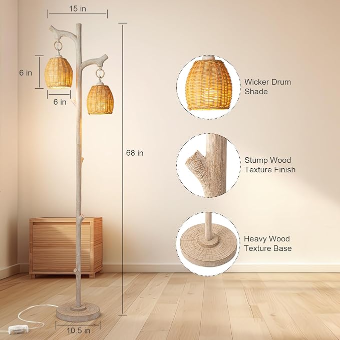 68" High Farmhouse Rustic Country Cottage Floor Lamp Tree Trunk Faux Wood Column White Washed Wicker Drum Shade Decor for Living Room Bedroom Reading Room