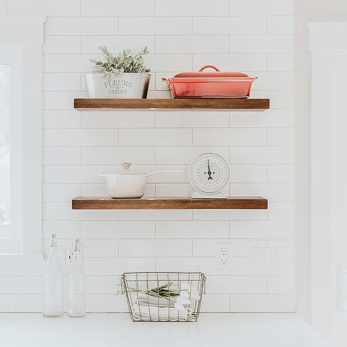 URBANDI, Rustic Floating Shelves, Set of 2, Hidden Bracket, Solid Wood, Heavy Duty, Wall Mounted Shelves, (Provincial, 48Wx6D)