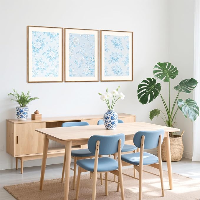 HPNIUB Large Classic Chinoiserie Floral Framed Canvas Wall Art Set, Watercolor Blue and White Flower Rose Wall Decor, Blue Minimalist Wildflower Art Print for Living Room,Bedroom,Office-16 x24 x3