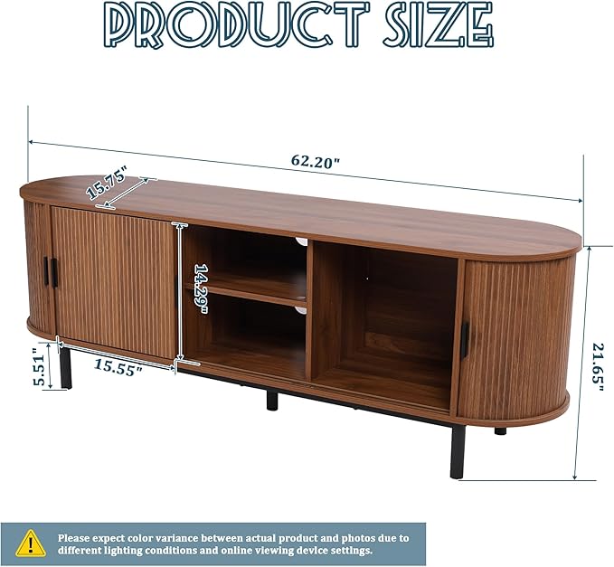 62" Tambour Door TV Stand,Wood Mid Century Modern TV Cabinet for Up to 70“ TV,Curved Edge Long TV Stand with Storage for Bedroom Living Room(Walnut, 62.2inch)