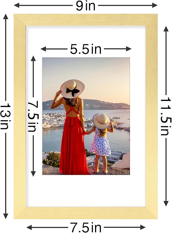 Vittanly 8x12 Picture Frames Set of 9, Shatter Resistant Plexiglass, Display 6x8 Pictures with Mat or 8x12 without Mat, Photo Frames for Wall or Tabletop, Engineered Wood, Gold
