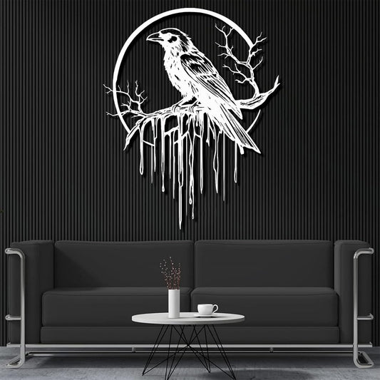 Crow Metal Wall Decor, Raven Wall Art, Large Gothic Raven Decor Hangings, Bird Wall Decor, Metal Tree Branch Decor, Ravens Sign, Raven Art for Living Room (White, 47"x38" | 120x96cm, metal wall art)