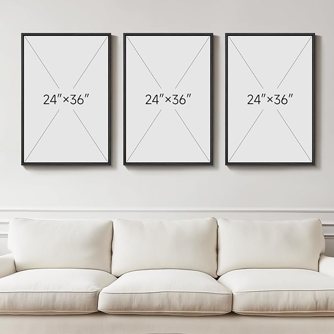 Large Framed Blue Abstract Landscape Wall Art for Living Room, 3 Piece Bright Pastel Canvas Prints Paintings, Modern Minimalist Artwork Watercolor Pictures for Bedroom, Hallway Wall Decor 24x36 In
