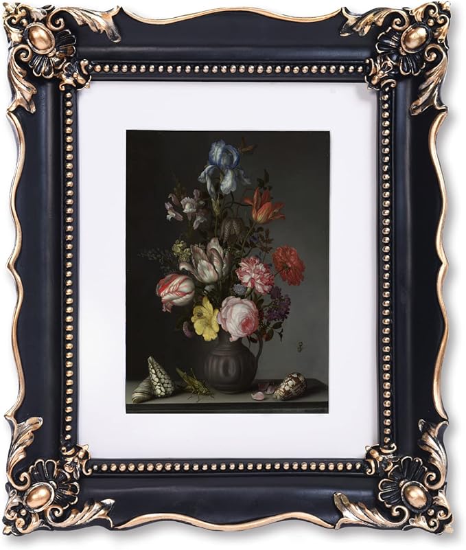8x10 Vintage Picture Frame with Embossed Flower Design, Black Ornate Frame for 8x10 or 5x7 Pictures with White Mat, Hand-Crafted Resin Antique Frames for Tabletop & Wall Hanging, Home Decor (Black)