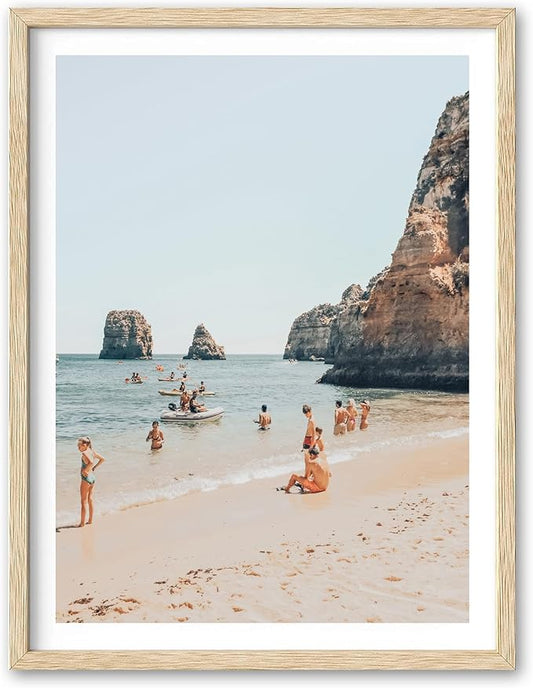 HesenDot Natural OAK Wood Framed Amalfi Coast Summer Wall Art,12x16in Italy Arienzo Beach Canvas Wall Print,Positano Swimming Poster Wall Decor for Living Room,Bedroom,Office Gallery Set of 1