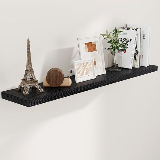 55 Inch Floating Shelves Black, Rustic Wood Floating Shelf Wall Mounted, 9 Inch Deep Floating Shelf for Kitchen, Bedroom, 55 x 9 Wall Shelves for Home Storage, Set of 1