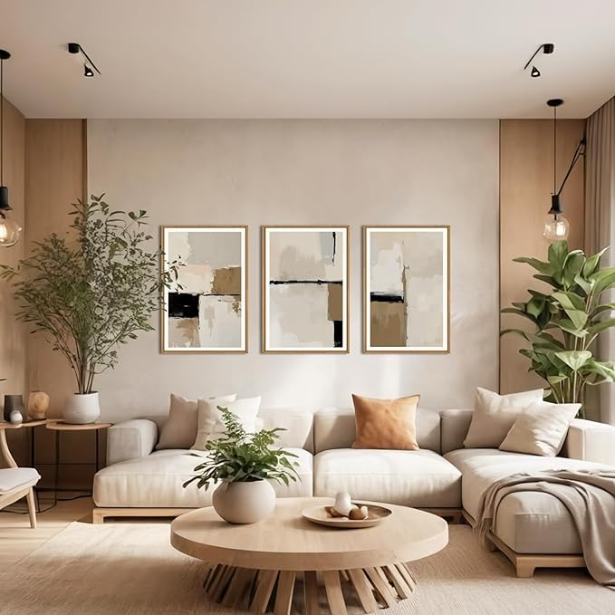 HPINUB Large Modern Abstract Framed Canvas Wall Art Set,Geometric Line Black White and Beige Textured Wall Decor Neutral Gray Minimalist Art Print for Living Room,Bedroom,Office -24"x36"x3