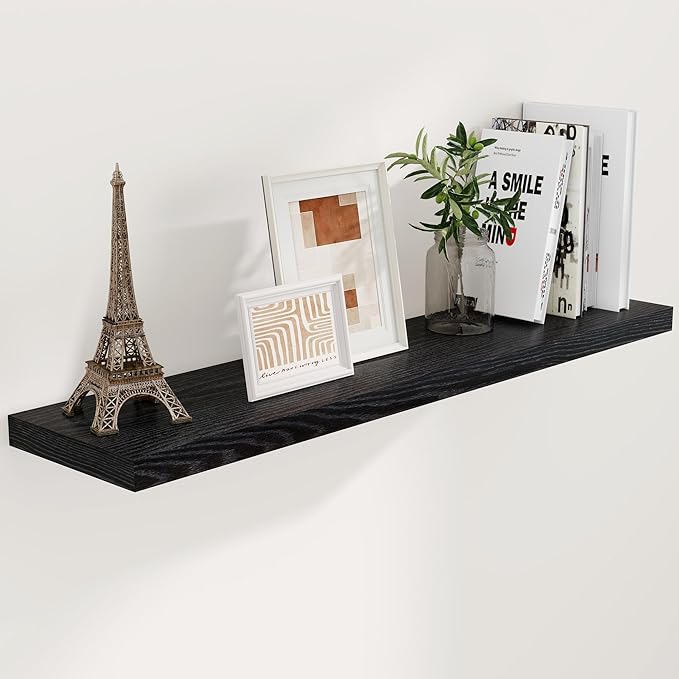 48 Inch Floating Shelves Black, Rustic Wood Floating Shelf Wall Mounted, 9 Inch Deep Floating Shelf for Kitchen, Bedroom, 48 x 9 Wall Shelves for Home Storage, Set of 1