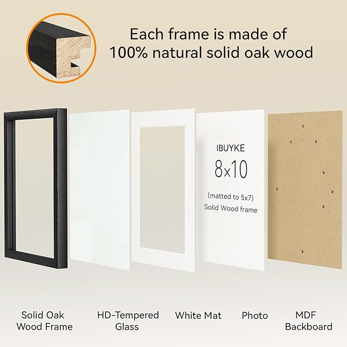 IBUYKE 8x10 Picture Frame,Set of 3,Solid Oak Wood 8x10 Photo Frame with Mat to 5x7,10x8 Picture Frames With Tempered Glass,Tabletop or Wall Mount Display,Home Decor,Black Oak 8 x 10 Frame,UWPF0810B-3