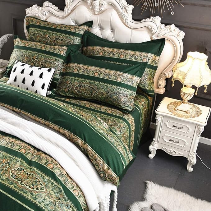 ABREEZE Bohemian Vintage Full Size Floral Cotton Bedding Set 3Pcs Duvet Cover Set Boho Green Paisley 100% Egyptian Brushed Cotton Reversible Home Bedding Collection