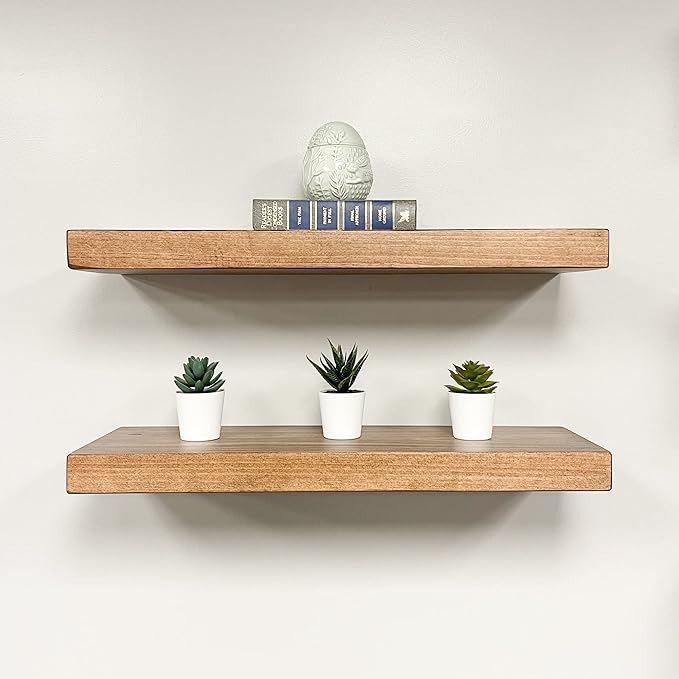 URBANDI, Rustic Floating Shelves, Set of 2, Hidden Bracket, Solid Wood, Heavy Duty, Wall Mounted Shelves, (Brown, 24Wx12D)