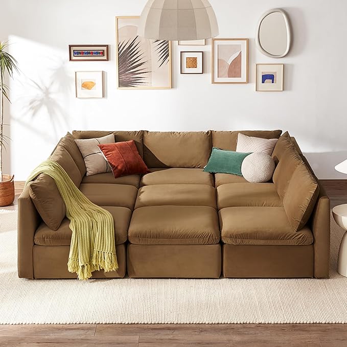 mopio Oversized Modular Sectional Sofa with Fully Removable Covers and Storage, Convertible U, L-Shaped and Sleeper Sectional, Modern Couches with Ottoman Chaise (Hazelnut Velvet, 9 Seats, Sleeper)