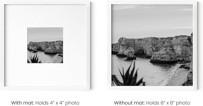 HAUS AND HUES 8x8 White Metal Picture Frames Matted to 4x4 - Features Premium Aluminum & Hanging Hardware, Shatterproof Plexiglass - Ideal for Home, Room, Office (8x8 in, White, Set of 9)