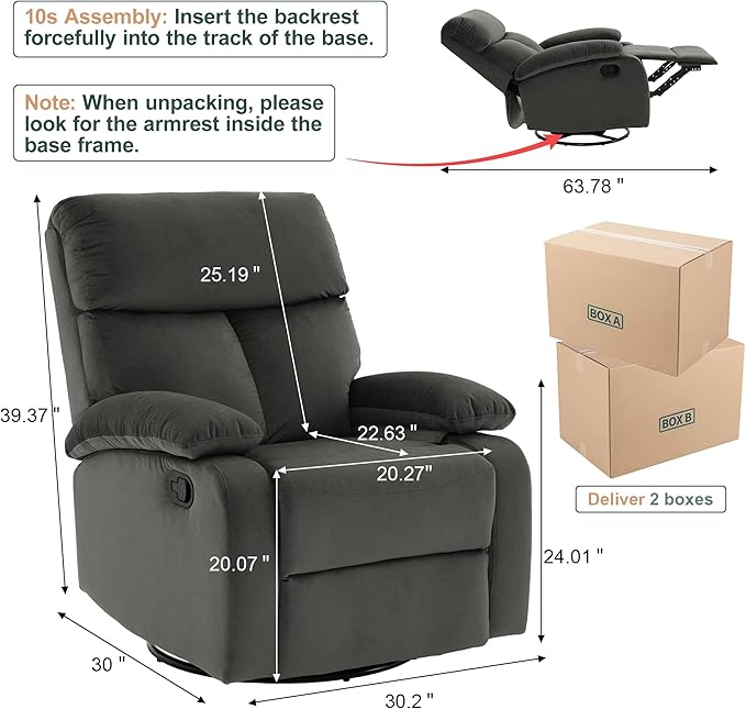 Swivel Rocker Recliner for Adults, Rocking Small Recliner Chair for Small Spaces, Glider-Nursery Rocking Chair for Living Room, RV, Nursery, Bedroom, Grey