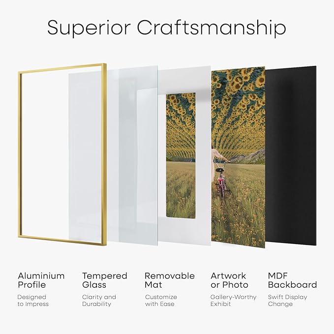 Homeforia 20x30 Poster Frame Gold, High End Metal 20 x 30 Picture Frames with Mat 16 by 24 Photo, 20x30 Gold Frame Matted to 16x24 Print, 30x20 Large Hanging Frames, Tempered Glass, Wall Kit, Set of 1