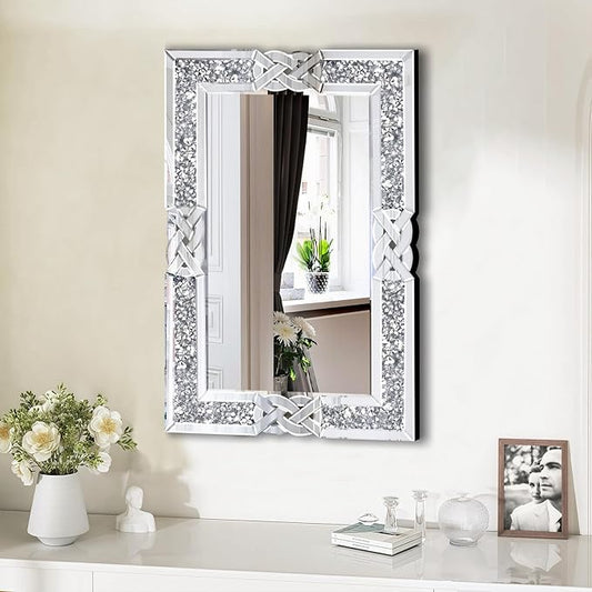 Crushed Diamond Decorative Wall Mirrors, 24x36 Inch Rectangle Living Room Mirrors for Wall Decor, Modern Glam Bathroom Dining Room Entryway Mirror Silver