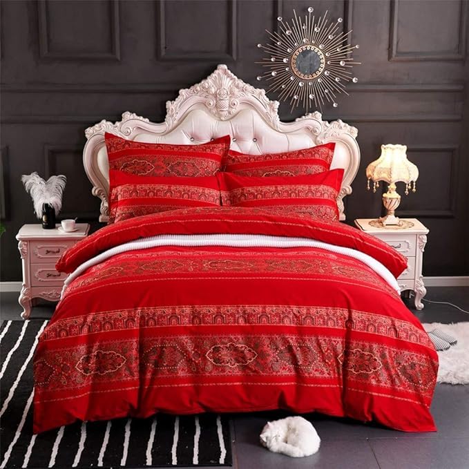 ABREEZE Queen Duvet Covers, Bohemian Retro Bedding Set, Coloful Mandala Down Comforter Cover, Boho Floral Style Quilt Cover, 100% Brushed Cotton, 1 Duvet Cover and 2 Pillow Shams,Red