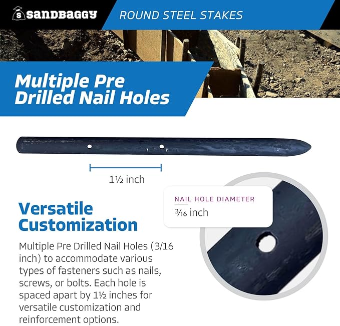 Sandbaggy Round Steel Concrete Form Stakes with Nail Holes - Rust Resistant Coating - Removable, Reusable (20, 3/4 in X 12 in)