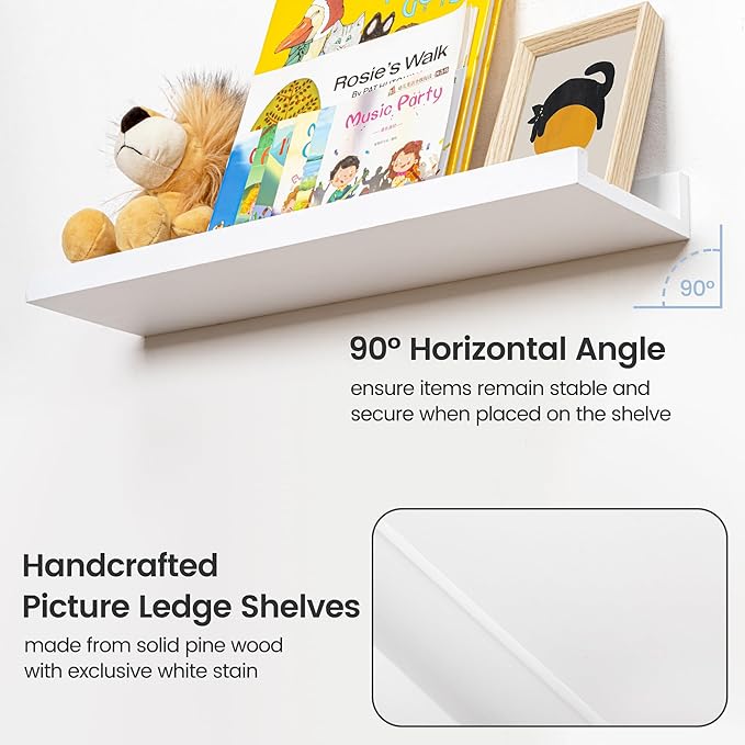 Picture Ledge Shelf, Floating Shelves Set of 2, Solid Pine Wood 55'' Long Large Nursery Book Shelves for Toys Storage, Kids Bookshelf for Living Room Bedroom Decor Books Photo Frames, White
