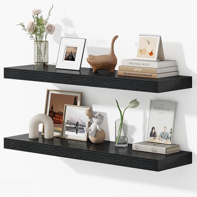 36 Inches Floating Shelves for Wall, 9.3" Deep Long Floating Shelves Set of 2, Large Display & Storage Shelf, Wall Shelf for Bathroom Bedroom Living Room Kitchen Office, Black