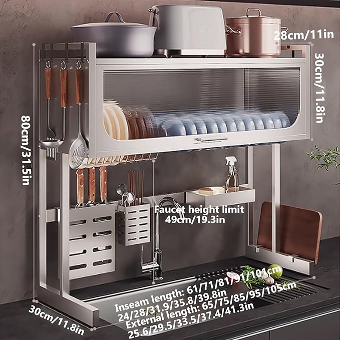 Home Furnishing Dish Rack Over Sink Stainless Steel Over The Sink Dish Drainer Drying Rack Space Kitchen Sink Rack Multifunctional countertop Dish Storage Rack Sink(Metallic,85cm/33.5in)