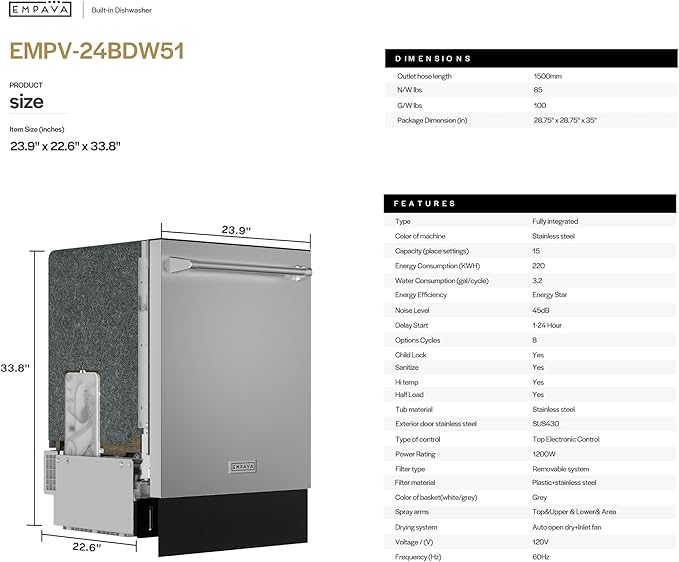 Empava 24 Inch Built-in Dishwasher, Stainless Steel Tub, 15 Place Settings 8 Wash Cycles, 3 Racks, Dual-Dry System, Top Control, 45 dB Ultra Quiet, Energy Star & UL Certified
