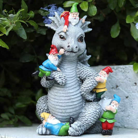 Dragon Gnome Statues Outdoor Decor, 13” Dinosaur Play with Gnomes Garden Statue, Outdoor Statue for All Season Lawn Decor, Garden Decoration, Gardening Gift